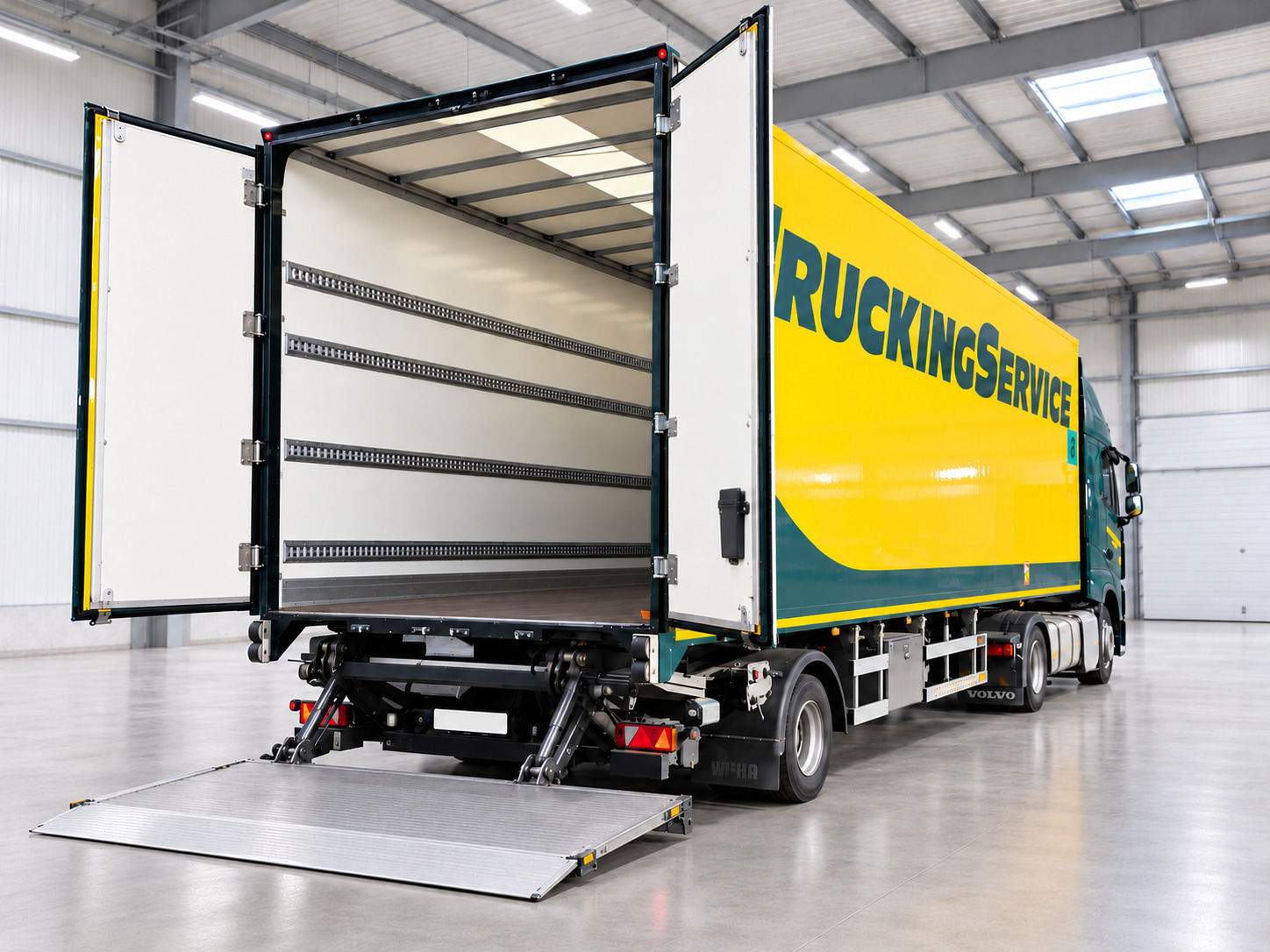 Trucking Service City Trailer with open rear doors, four lashing rails and lowered tail lift