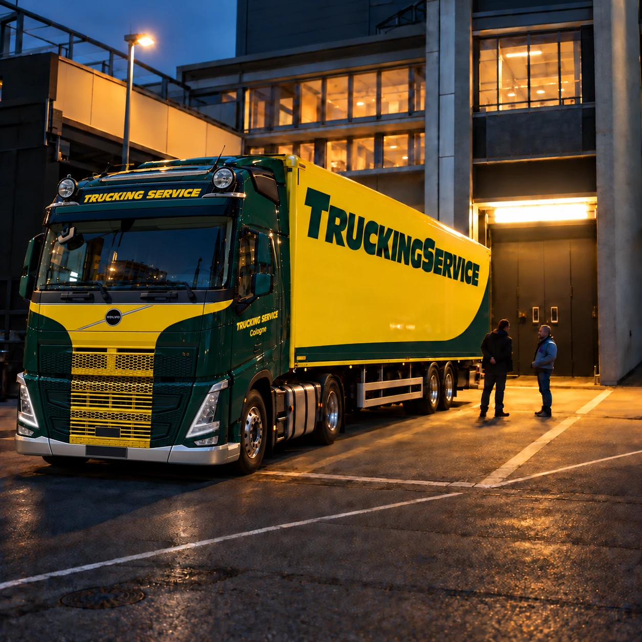 Trucking Service Megacube with a green Volvo tractor at an illuminated venue loading bay